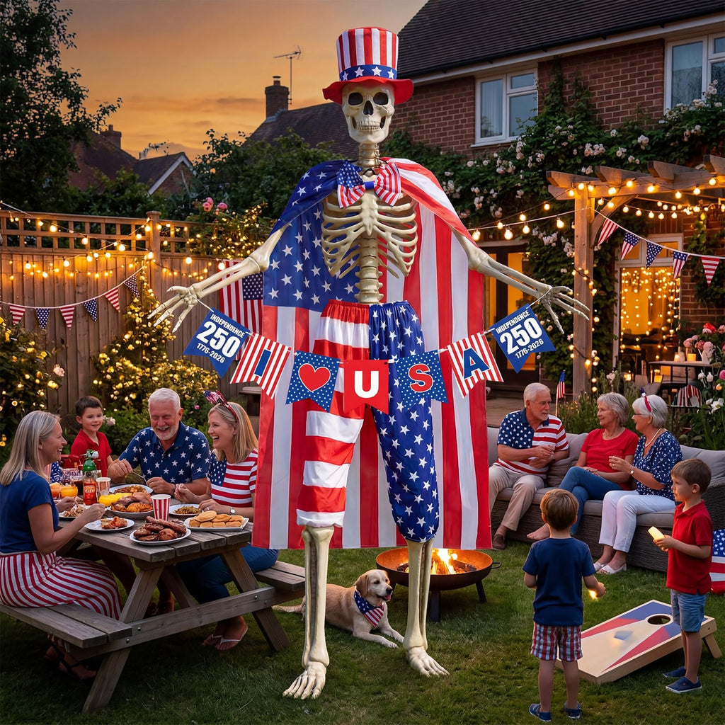 FODAHRWS 5Pcs 4th of July 12 Ft Patriotic Skeleton Clothes Set with Independence Day Hat Cape Shorts Bow Tie Banner Giant Skeleton Outfit for 250th Anniversary Celebration Yard Lawn Garden Decor