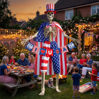 FODAHRWS 5Pcs 4th of July 12 Ft Patriotic Skeleton Clothes Set with Independence Day Hat Cape Shorts Bow Tie Banner Giant Skeleton Outfit for 250th Anniversary Celebration Yard Lawn Garden Decor