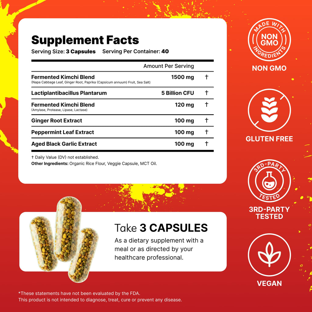 Premium Fermented Kimchi Supplement Capsules | Gut Health, Digestion, Debloat & Gut Balance Support | 5 Billion CFU Probiotics & Digestive Enzymes | Delayed Release Beadlets | 120 Vegan Capsules