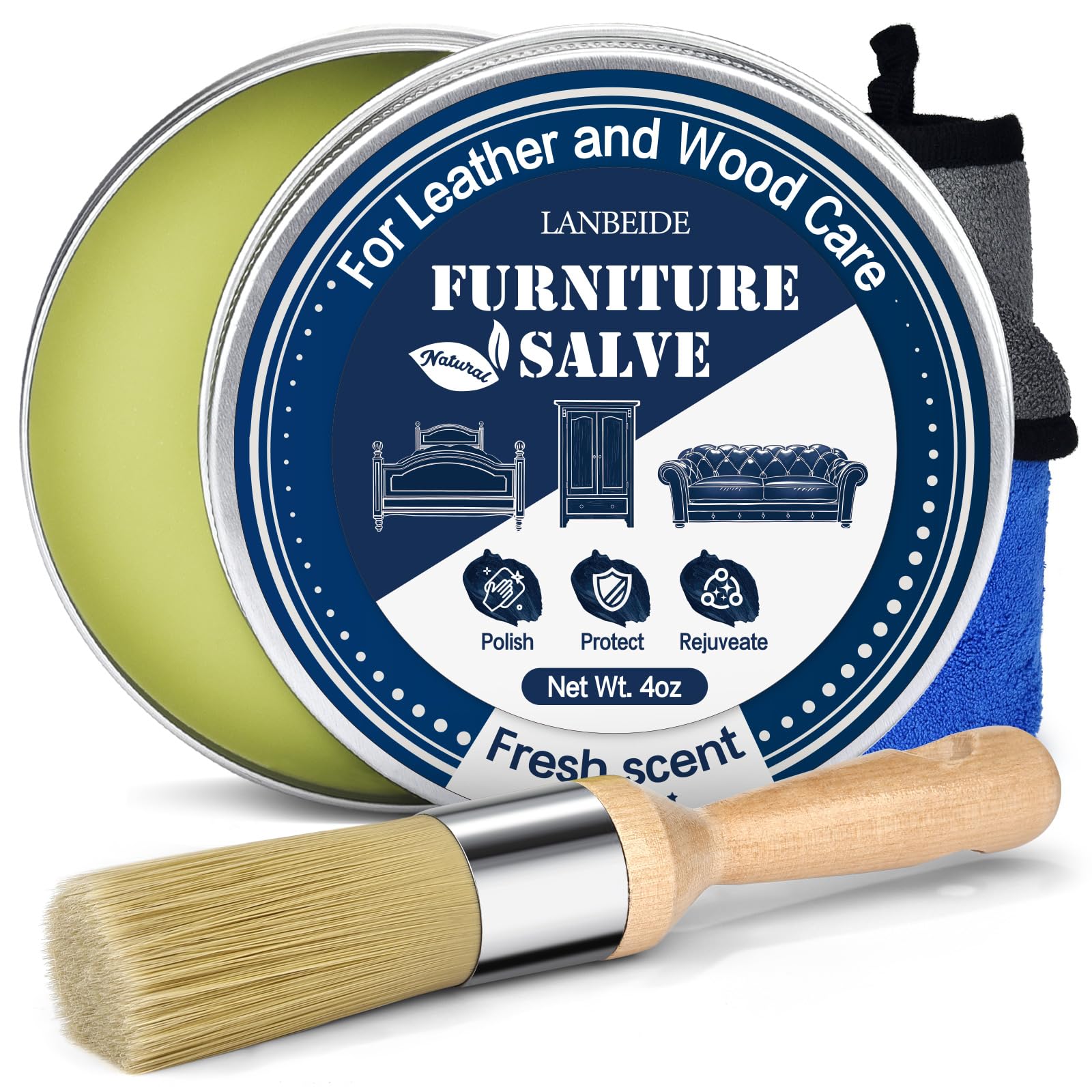 LANBEIDE Furniture Salve with Brush for Leather Wood, Polisher and Conditioner for Leather Couch and Furniture-Repair Salve 4OZ with Brush and Towel