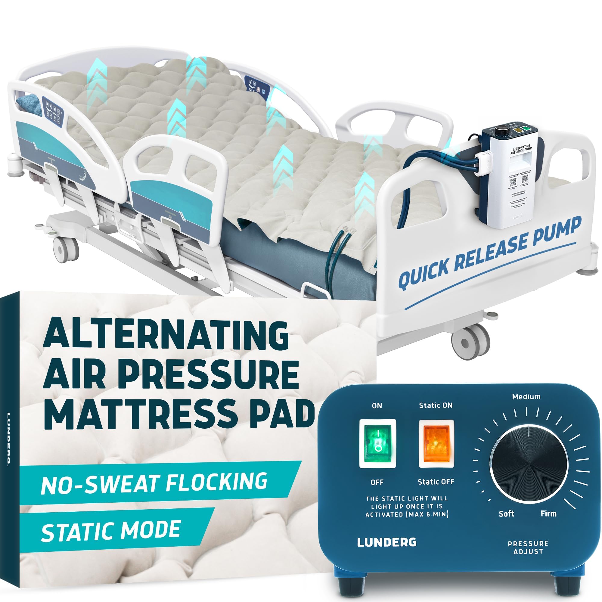 Lunderg Alternating Air Pressure Mattress Pad with Static Mode & Flocking - Comfortable Bed Sore Prevention - Includes Mattress Topper for Hospital Bed or Home & Quiet Pump - Recommended by Doctors