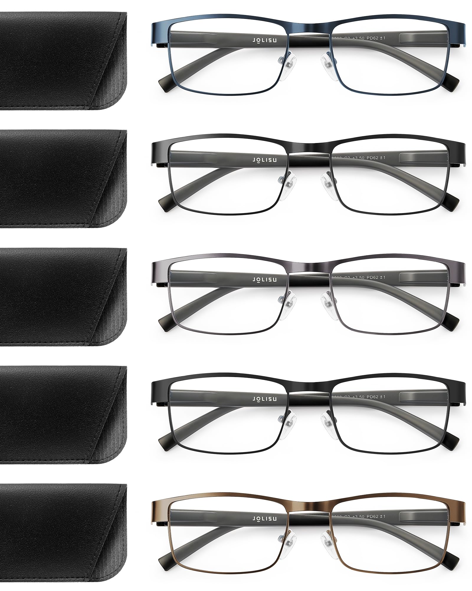 JOLISU 5PCS Reading Glasses Men - Blue Light Blocking Computer Metal Thin Frame Readers For Mens/Women W/Case（2.00）