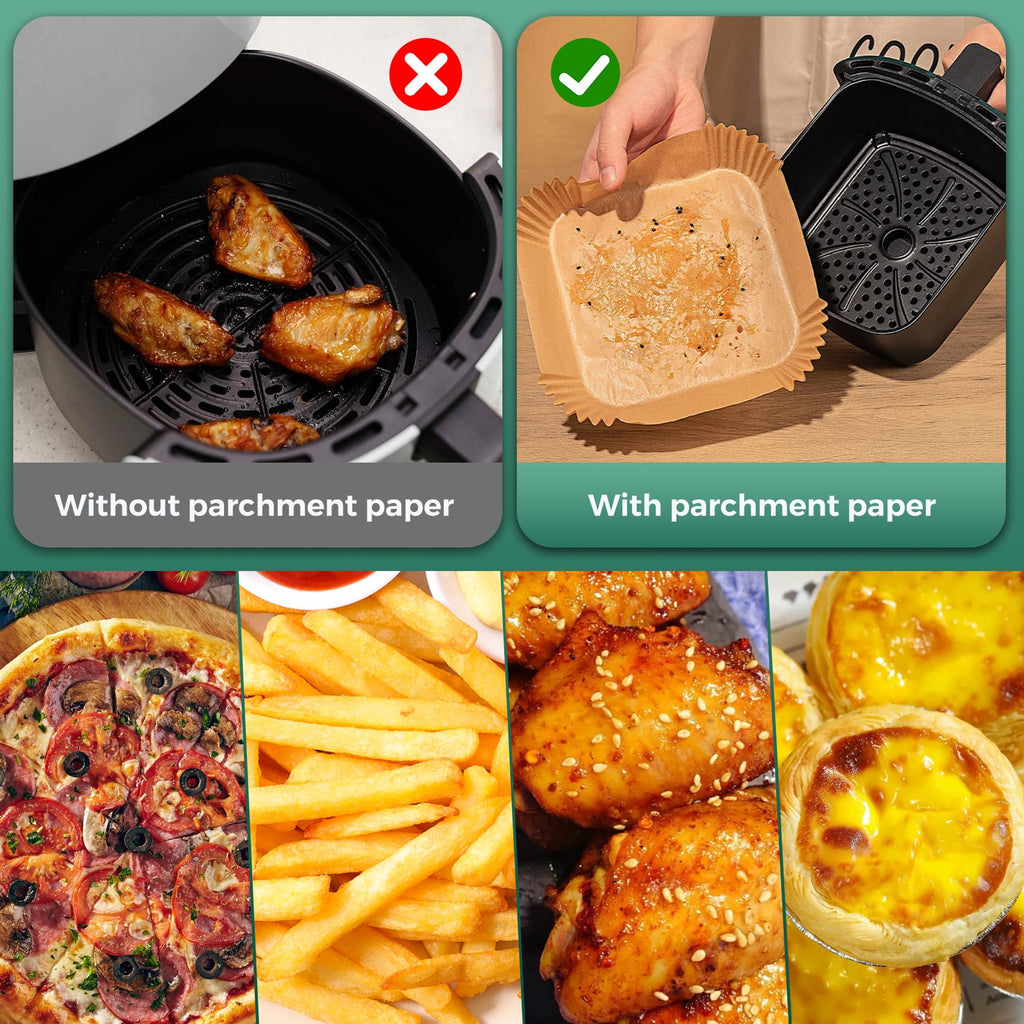 300 Pcs Air Fryer Paper Liners, 8" Square Air Fryer Liners Disposable, Heavy-duty Parchment Paper for 5-8 qt Airfryer Basket, Non-Stick & Grease Proof Baking Liner for Oven Pan