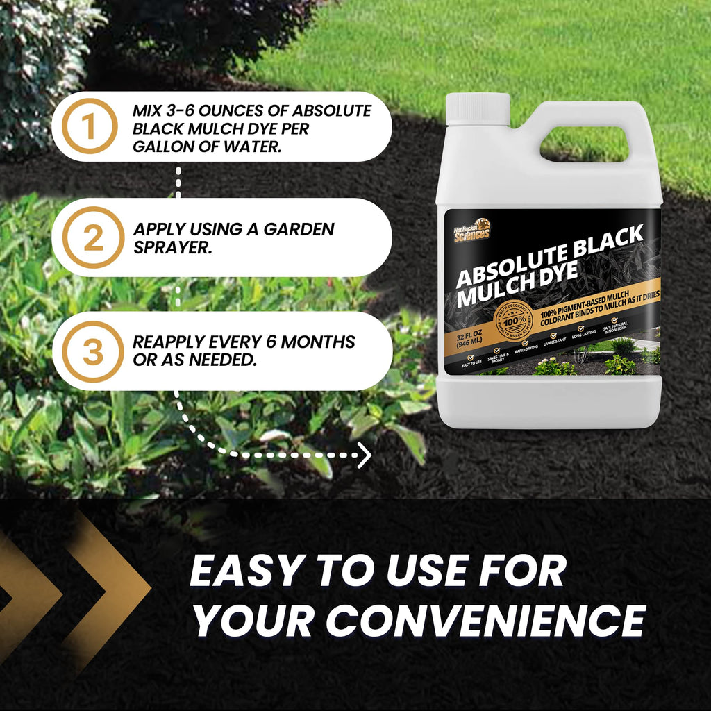 32oz Absolute Black Mulch Dye - Covers up to 2,500 sq. ft., Liquid Mulch Dye Black, Premium Color Concentrate, Ideal for Landscaping, Renews Faded Rubber or Wood Chips, 100% Color Pigment