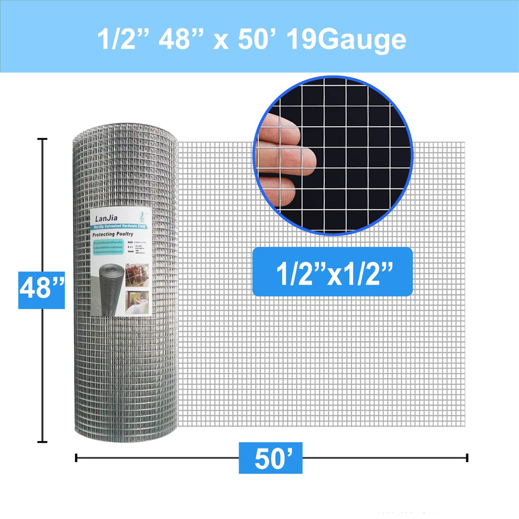 LAN JIA Hardware Cloth 1/2 inch 48 in x 50 ft 19 Gauge, Hot-dip Galvanized After Welding, Chicken Wire Fencing, Garden Fencing Welded Wire Cloth Garden Fence Chicken Coop/Run Wire