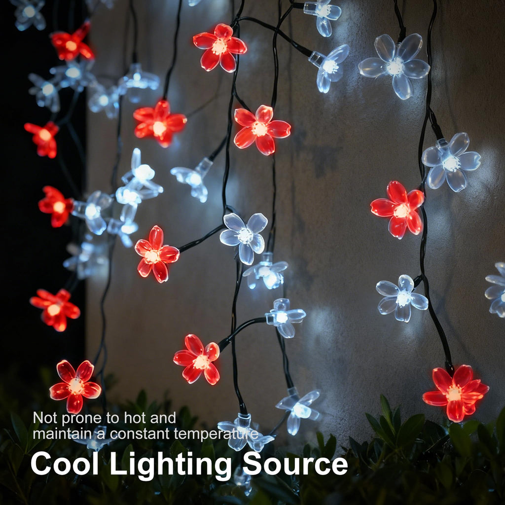 Vruxuri 2 Pack Total 52FT 120 LED Solar String Lights Outdoor Waterproof Flower Fairy Lights for Garden Fence Patio Yard Christmas Tree Lawn Wedding Party Decor, Red and Pure White