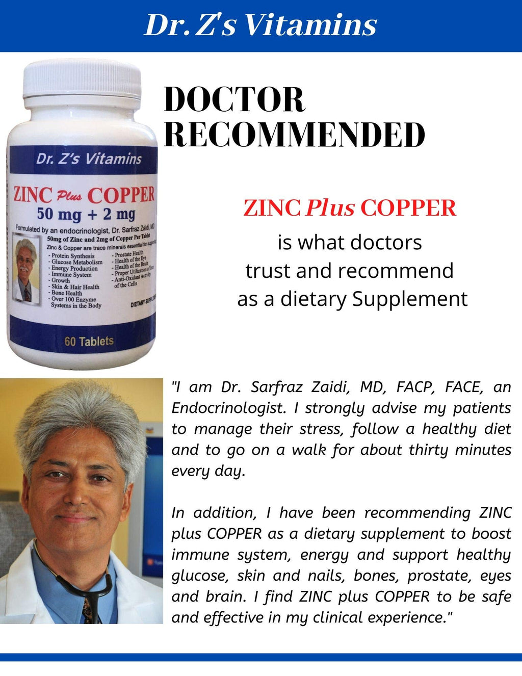 Dr. Z's Vitamins: Zinc Plus Copper-50 MG of Chelated Zinc and 2 MG of Copper- Supports: Energy, Immune System, Skin & Hair -60 Easy to Swallow Tablets
