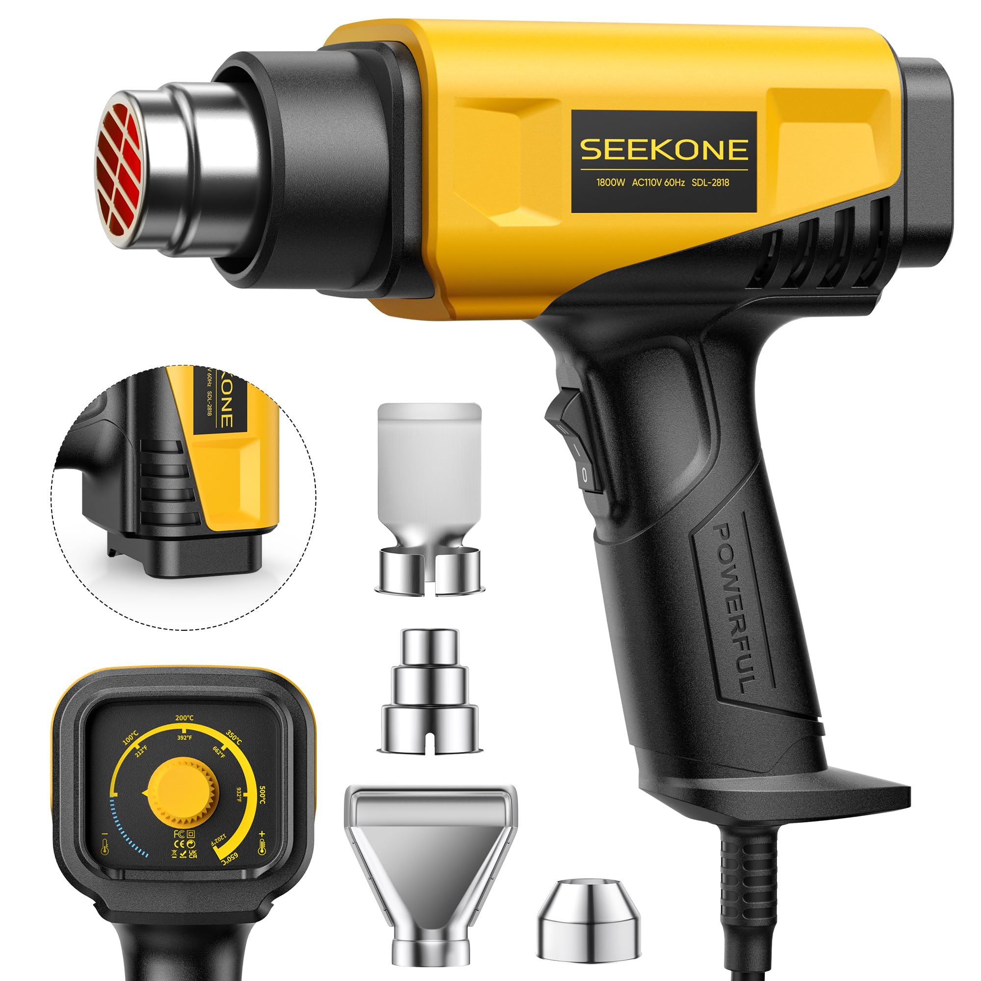 SEEKONE 1800W Heat Gun Compact Design Heavy Duty Hot Air Gun 122℉-1202℉（50℃- 650℃）Variable Temperature Control for 2 Speed Settings with 4 Nozzels for Crafts, Vinyl Wrap, Shrink Tubing