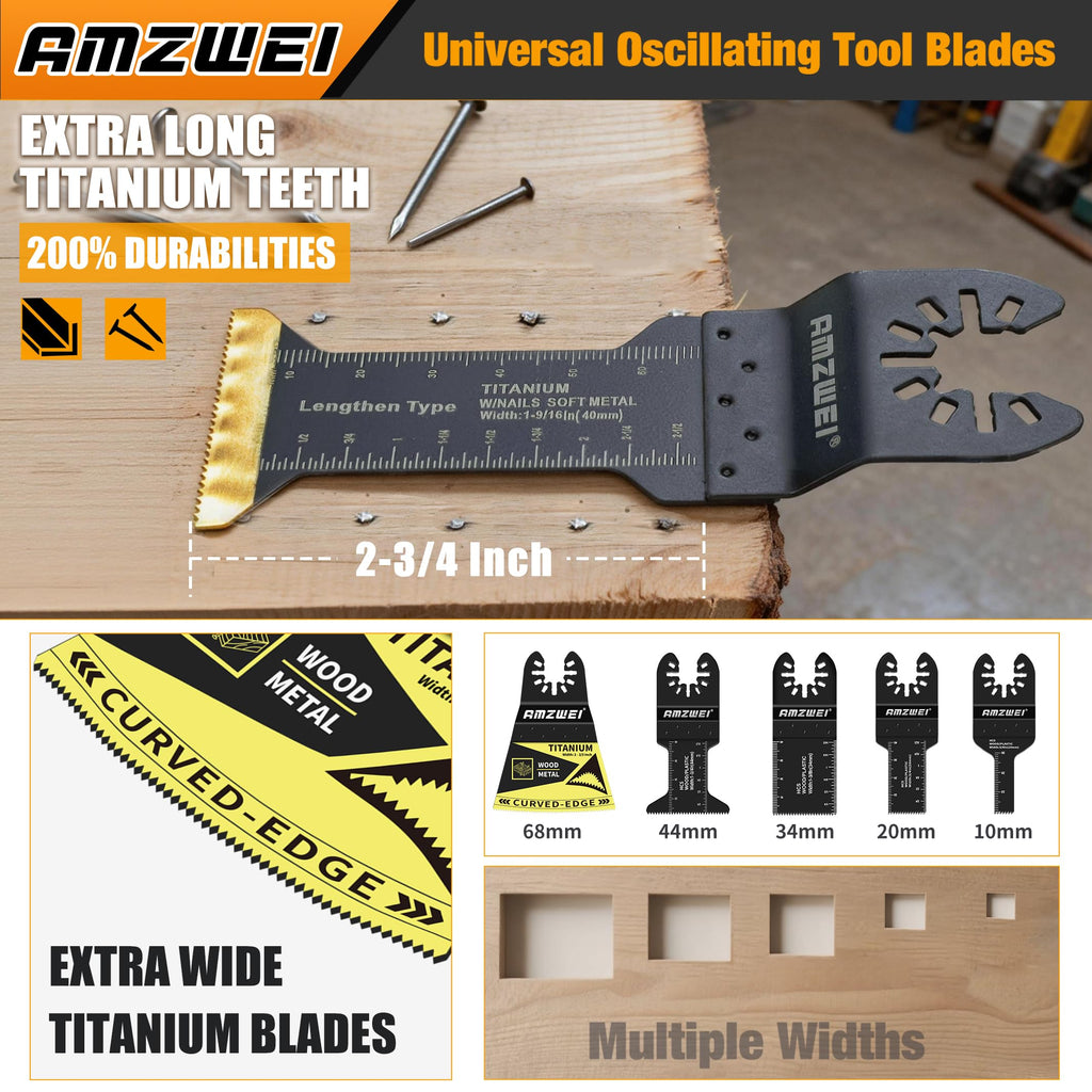 AMZWEI 153PCS Upgraded Multitool Blades Oscillating Tool Accessories with Sandpaper, Hook Knife, Titanium Saw Blades for Wood Metal Plastic Cutting, Compatible with Dewalt Ryobi Milwaukee Rockwell