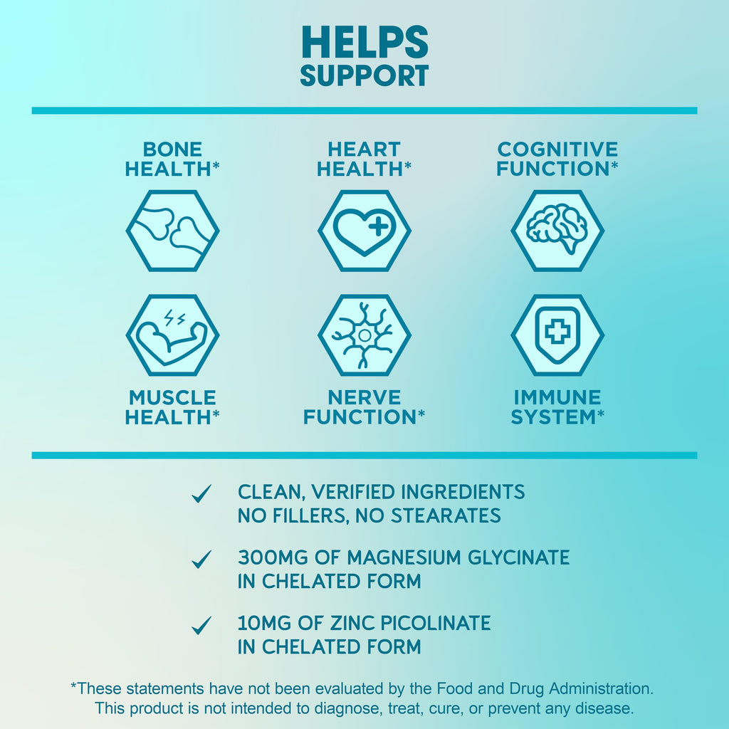 BioEmblem Magnesium Glycinate with Zinc - 300mg Chelated Magnesium Supplement - High Absorption Vegan Non-GMO 2-in-1 Complex - Immune Support, Muscles, Nerves - 90 Capsules