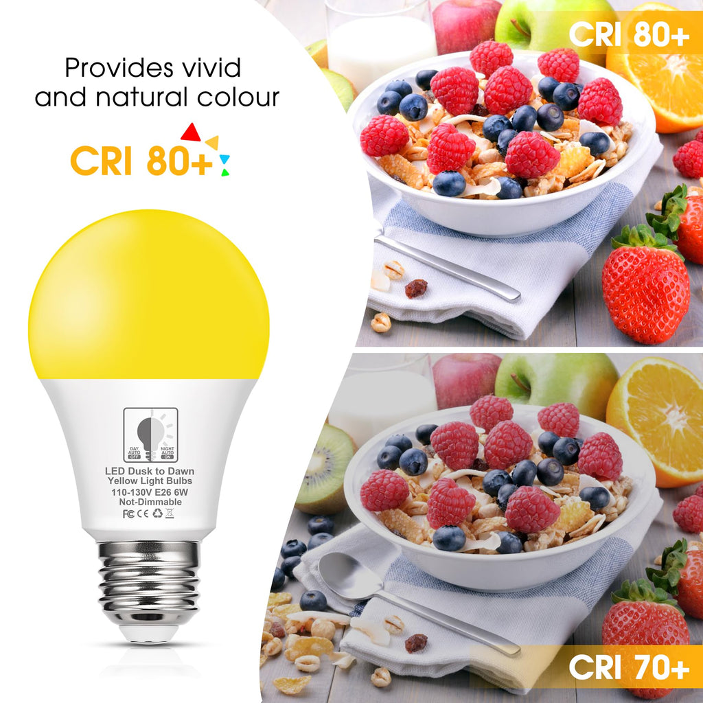 EvaStary Yellow Bug Light Bulbs Outdoor, Dusk to Dawn A19 LED Bulb for Porch Lights Outside, 6W(40W Equivalent) Auto On/Off Amber Bulb for Patio, Backyard, Hallway, Decor, 4 Pack