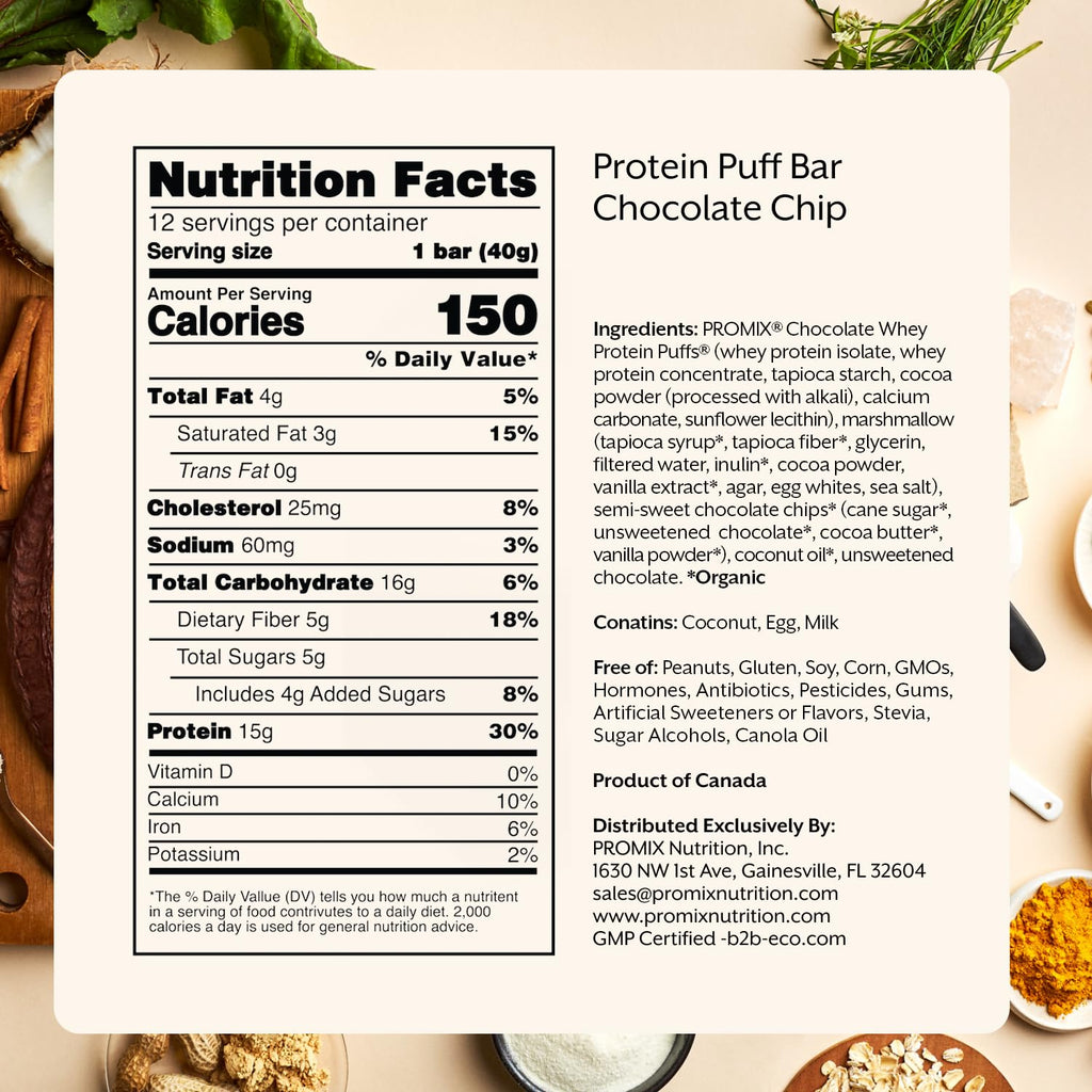 ProMix Nutrition Protein Puff Bars, 12-Pack - Chocolate Chip - Marshmallow Crispy Treat - Great Tasting & Healthy On The Go Snack - High Protein & Low Calorie - Non-GMO & Free From Gluten, Soy, & Corn