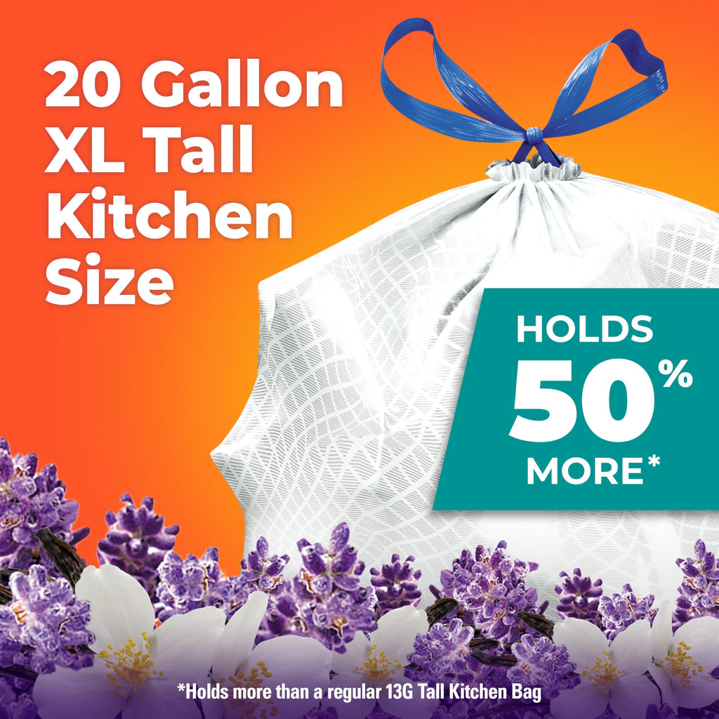 Hefty Ultra Strong 20 Gallon Trash Bags, XL Tall Kitchen Trash Bags 20 Gallon Size, Drawstring Closure, Continuous Odor Control, White, Lavender and Sweet Vanilla Scent, 80 Bags