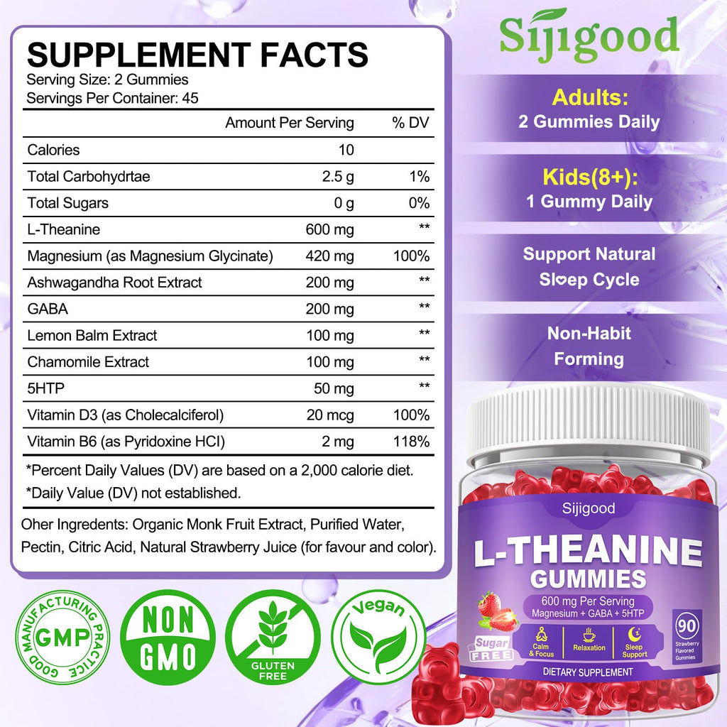 Sijigood 90 Count | L-Theanine Gummies for Kids & Adults, Strawberry Flavor
