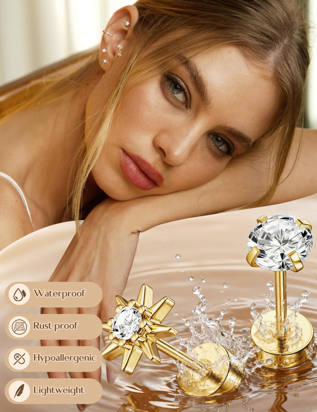 Opal Hypoallergenic Flat Back Earrings for Women Stud Hoop Earring Stacks