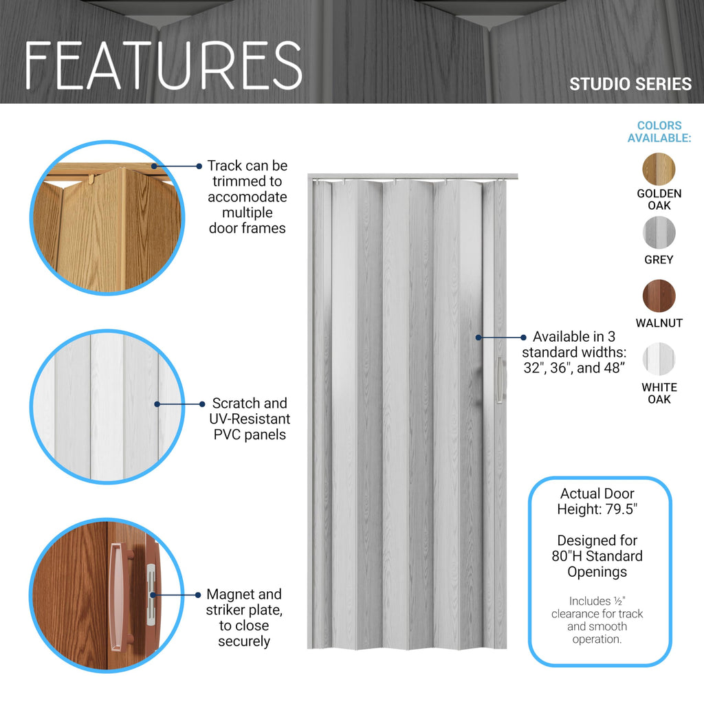 Techni Home Studio Series 32" W x 80" H PVC Foldable Accordion Door, Trimmable, Flexible Single Layer Panels, Grey