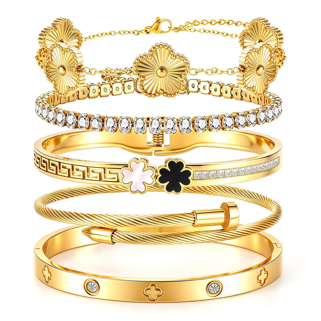 Camhanno Gold Bangle Bracelets for Women - Stainless Steel Stackable Bangles Non-Tarnish Clover Lucky Charm Bracelets, Trendy Gift for Girlfriend/Wife on Christmas Valentine’s Birthday