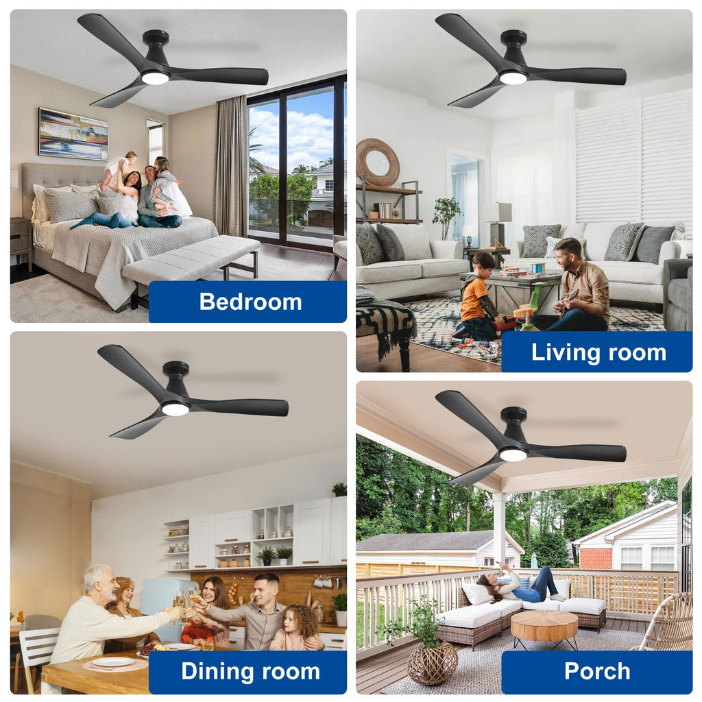 Depuley 52-Inch Ceiling Fans with Lights: Black 3 Blade Flush Mount Low Profile Ceiling Fan for Bedroom - Dimmable Indoor Outdoor Fan with Remote Control Ultra Quiet DC Motor Timer