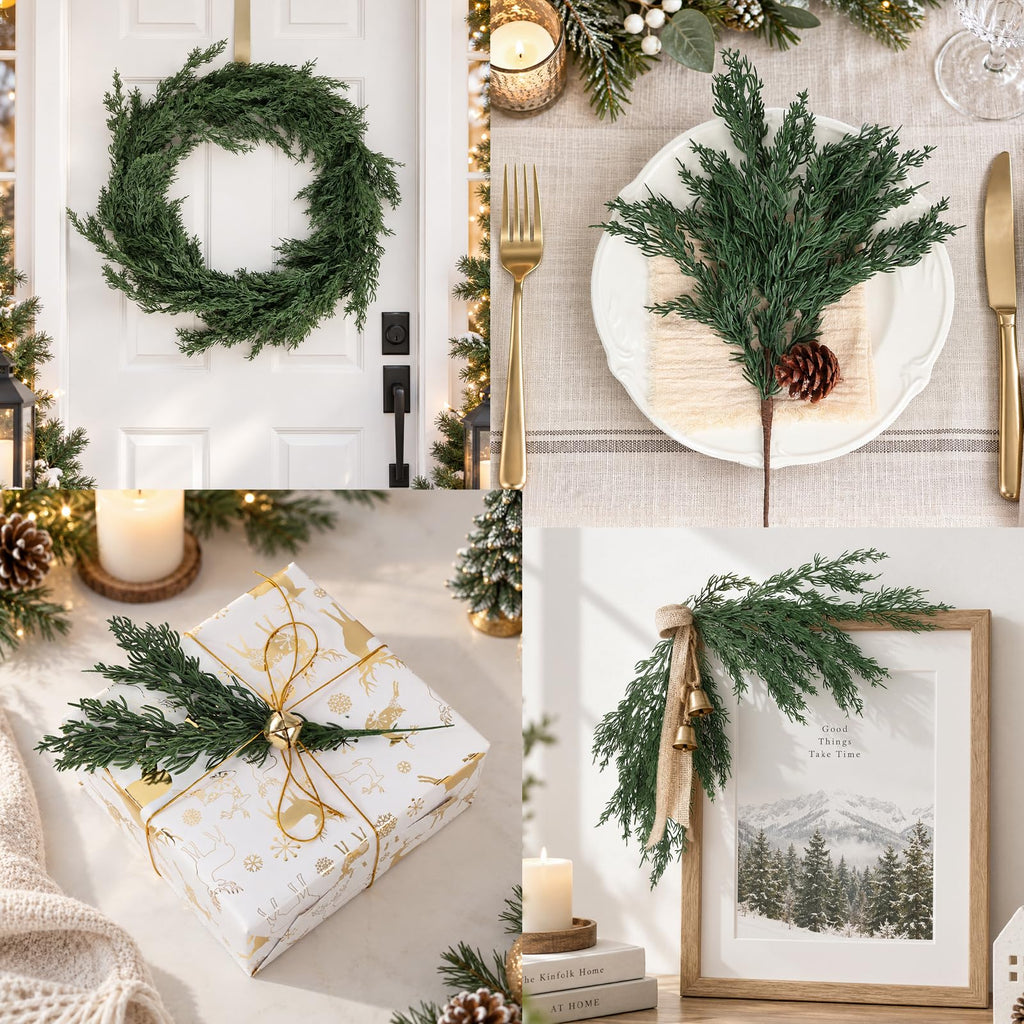 16PCS Christmas Cedar Pine Stems Branches Decor Artificial Greenery Picks