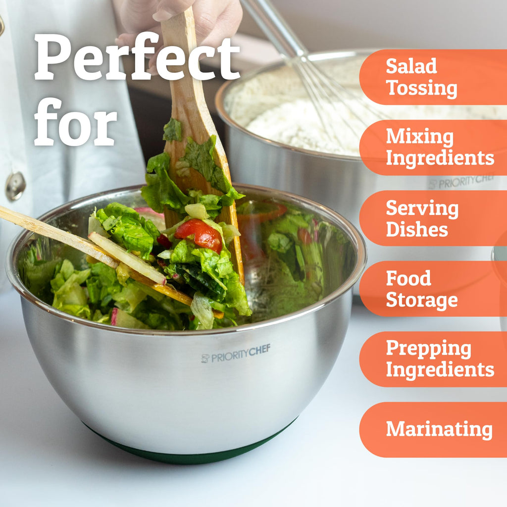 Priority Chef Premium Mixing Bowls With Airtight Lids Set, Thicker Stainless Steel Mixing Bowl Set, Large Prep Metal Bowls with Lids, Nesting Bowls for Kitchen, 1.5/2/3/4/5 Qrt, Green