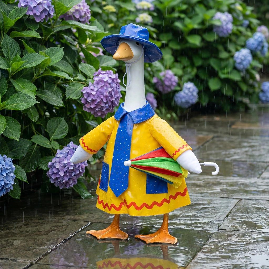 yuboo 23-Inch Porch Goose Raincoat Outfit - Summer Yellow Goose Clothes with Blue Pockets & Red Trim,Rainbow Umbrella Hat, Blue Sun Hat & Polka Dot Tie - Funny Garden Decor for Lawn & Yard