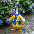 yuboo 23-Inch Porch Goose Raincoat Outfit - Summer Yellow Goose Clothes with Blue Pockets & Red Trim,Rainbow Umbrella Hat, Blue Sun Hat & Polka Dot Tie - Funny Garden Decor for Lawn & Yard