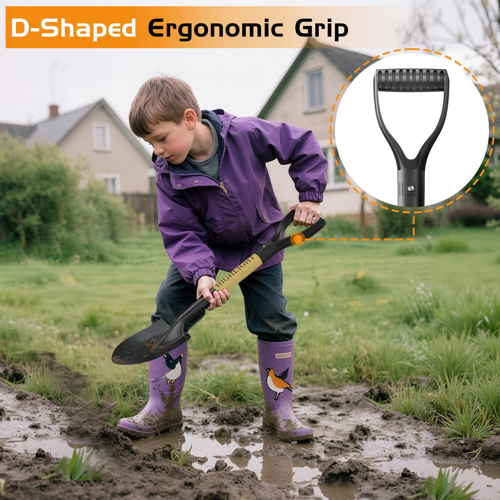 HIGHLIGHT Small Kids Shovel for Digging, 28Inch Wooden D Grip Round