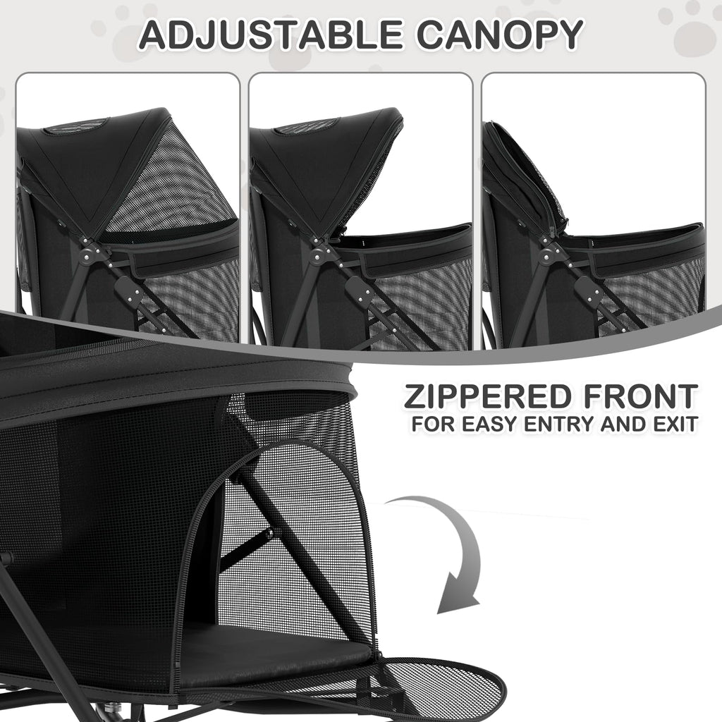 MoNiBloom 4 Wheels Pet Stroller, Easy-Fold Puppy Cage Jogger Stroller with Sun Cover, Pad and Rear Storage Bag, Breathable and Visible Mesh for Small/Medium Pets up to 22 lbs, Black