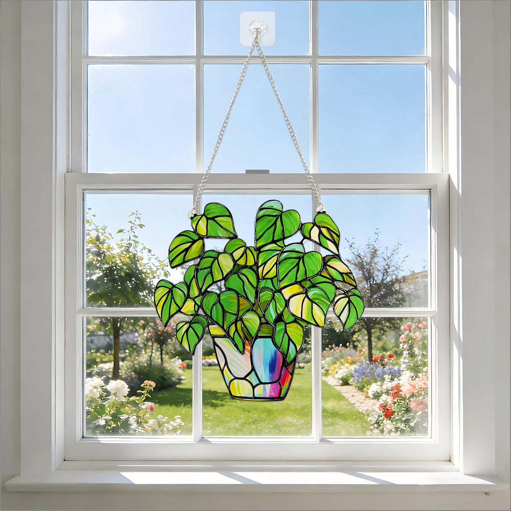 Stained Glass Plant Suncatcher Window Hanging, Marzovitra 10 Inch Real Glass Potted Green Leaves Sun Catcher with Chain Botanical Sun Catcher Window Decor for Home Garden, Plant Lover Gift