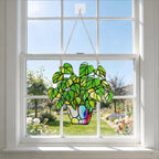Stained Glass Plant Suncatcher Window Hanging, Marzovitra 10 Inch Real Glass Potted Green Leaves Sun Catcher with Chain Botanical Sun Catcher Window Decor for Home Garden, Plant Lover Gift