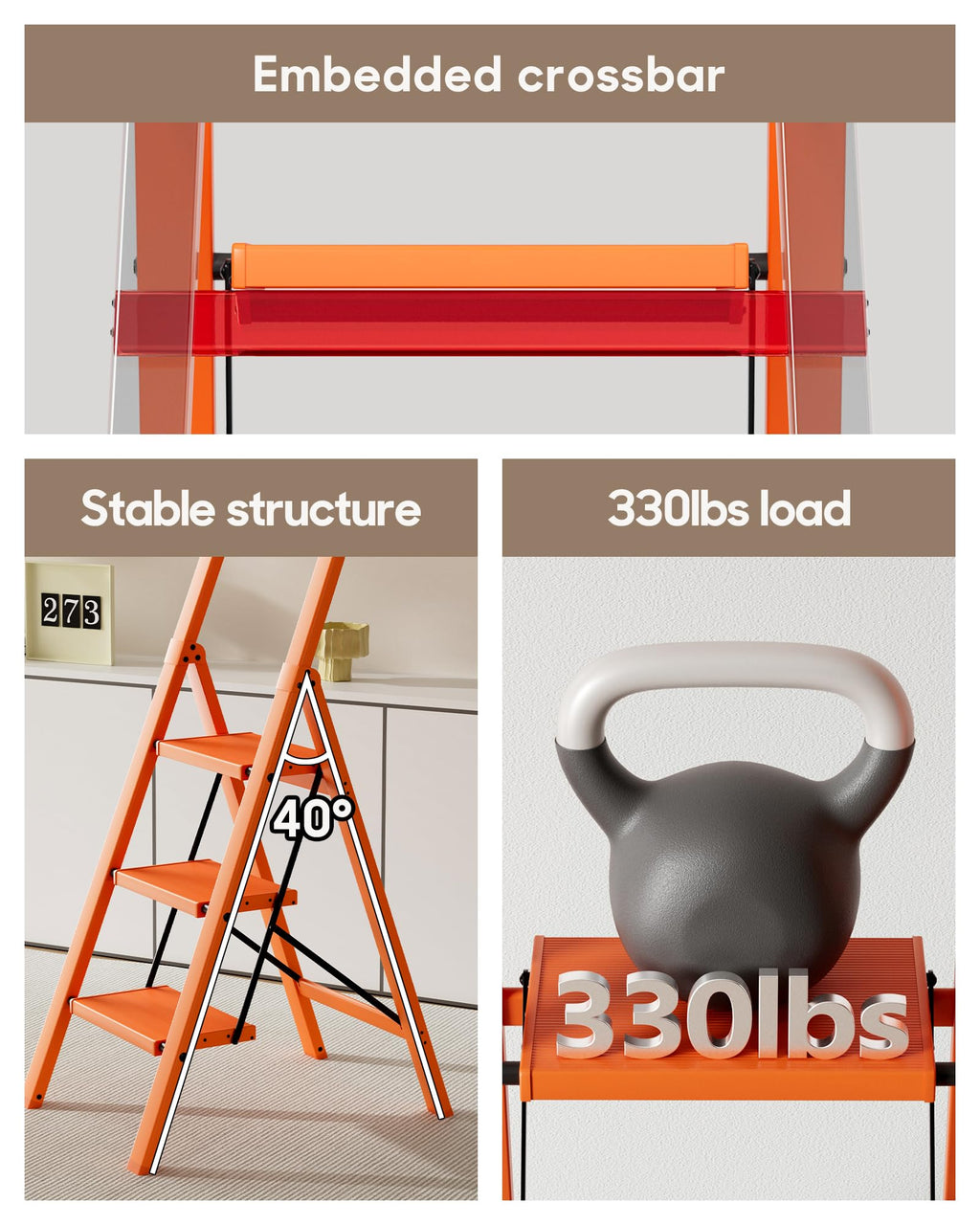 HillhutApex 3 Step Foldable Aluminum Step Ladder with Handgrip, Anti-Slip Pedal, 330 lbs Capacity, Lightweight & Portable for Home, Kitchen, Office, Garage (Orange)