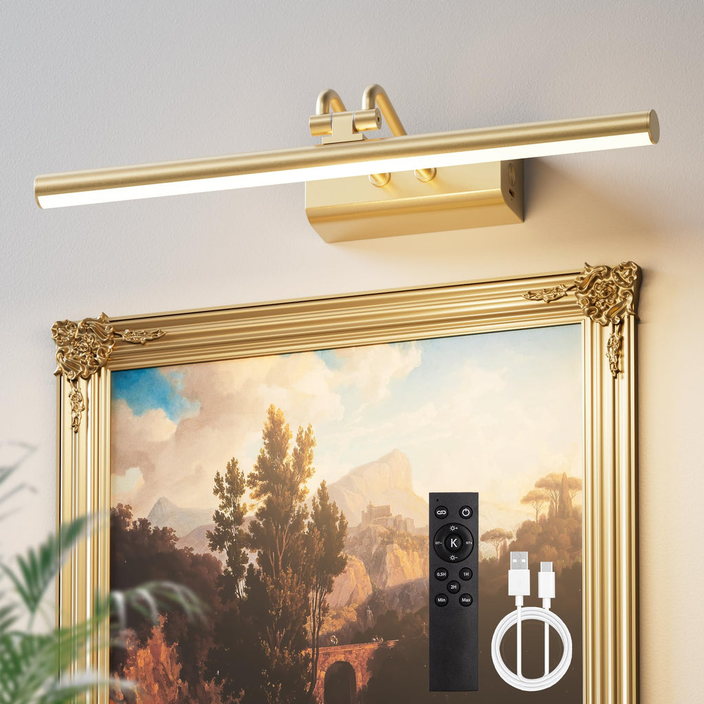 13.8'' Battery Operated Picture Light for Wall, 4000mAh Cordless Wall Lamp for Painting Photo Artwork , Remote Control, Magnetic for Easy to Charge,Timers, Display for Gallery Living Room Bedroom Gold