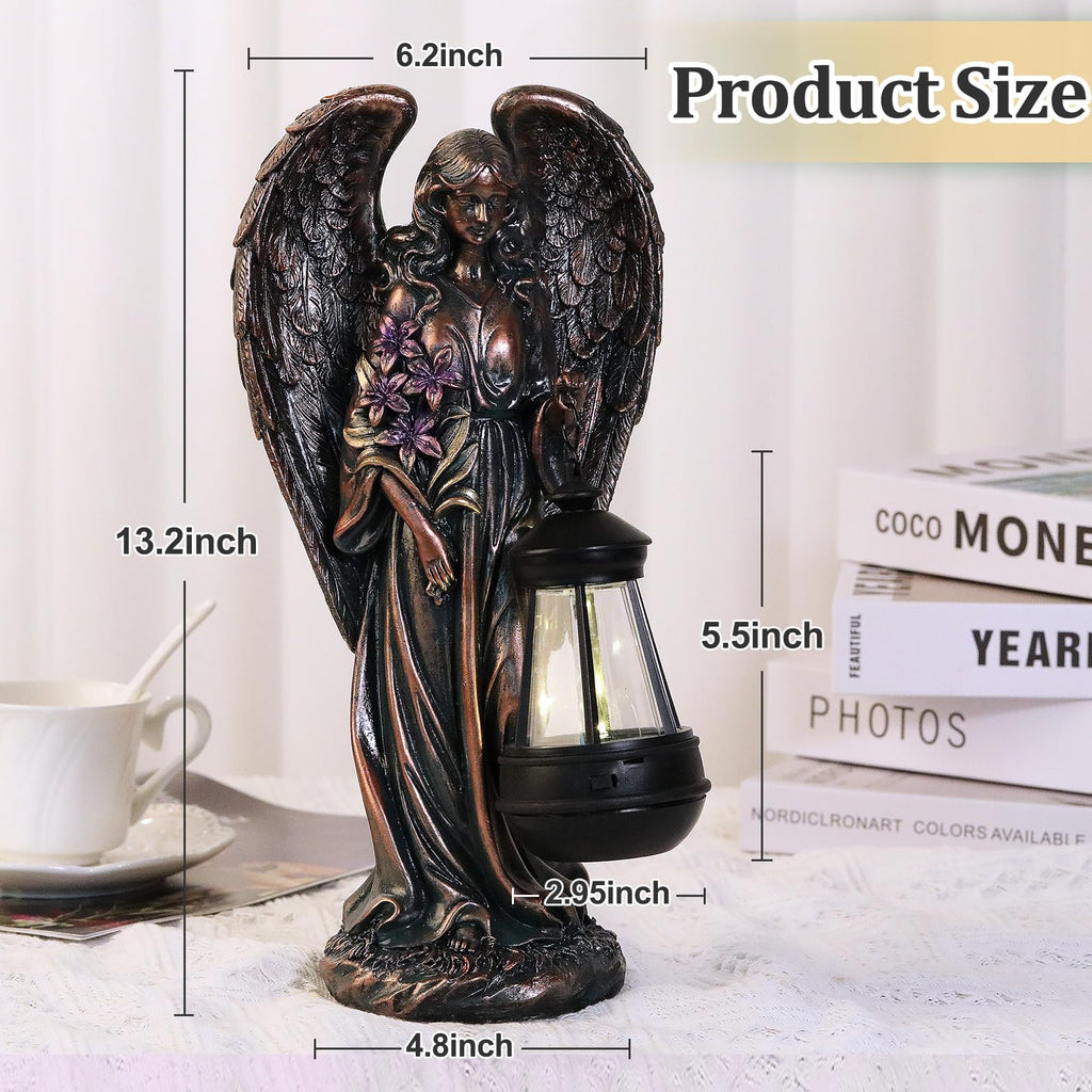 VChymm Solar Angel Outdoor Garden Decor Statues – 13.2 inches Solar Outdoor Sculptures for Outside Yard Art Patio Balcony Front Lawn Ornaments Gifts for Mom Grandma Women（Bronze）