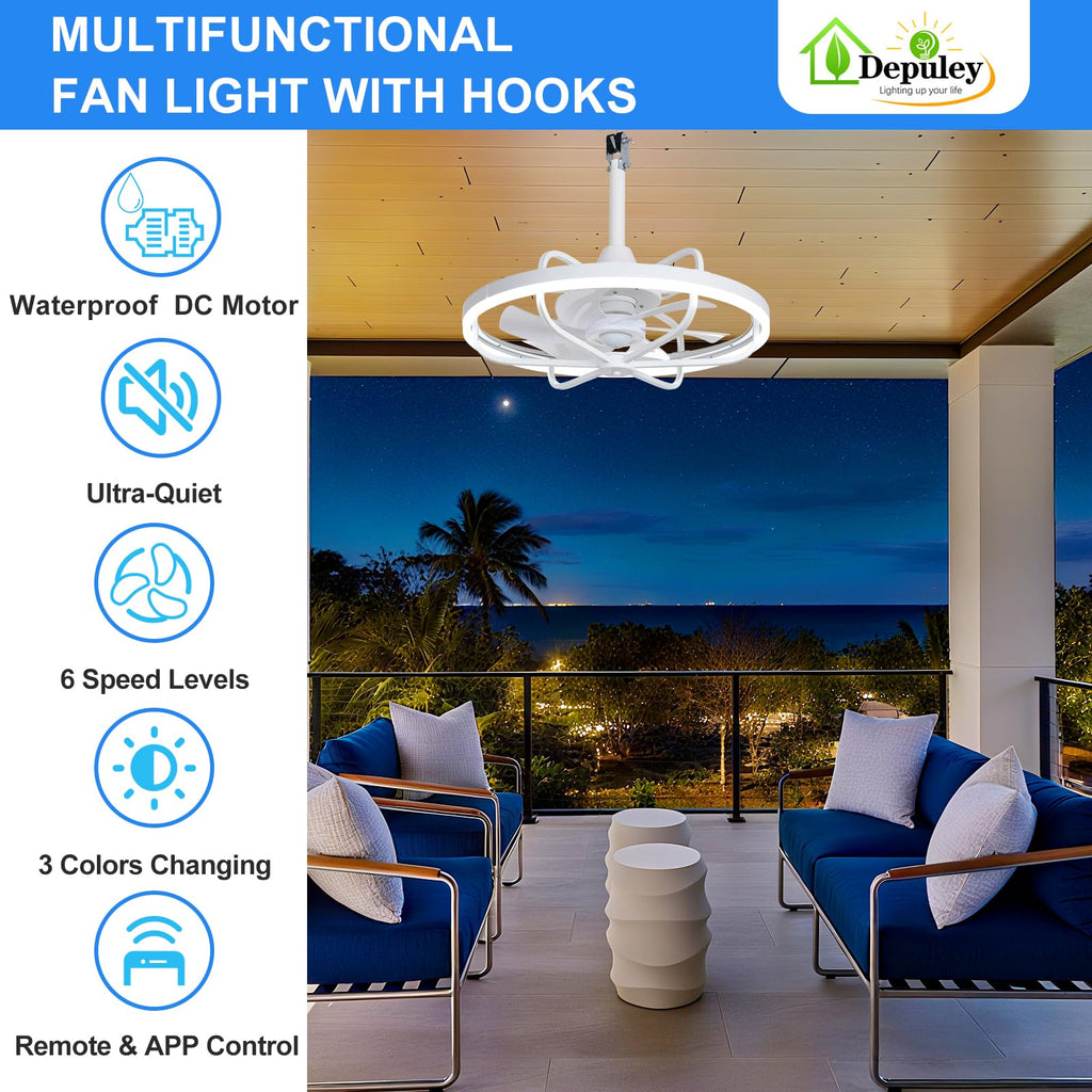 Depuley 20" Outdoor Ceiling Fan with Lights, White Waterproof Gazebo Hanging Fan with Remote App Control, Dimmable Plug in Caged outdoor Ceiling Fans for patios Porch 6-Speeds