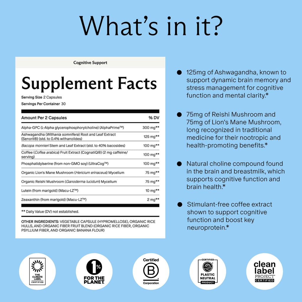 Needed. Cognitive Support - Comprehensive Supplement with Ashwagandha, Reishi & Lion's Mane Mushrooms, Breastfeeding Safe - Supports Focus, Attention, & Memory, 30-Day Supply