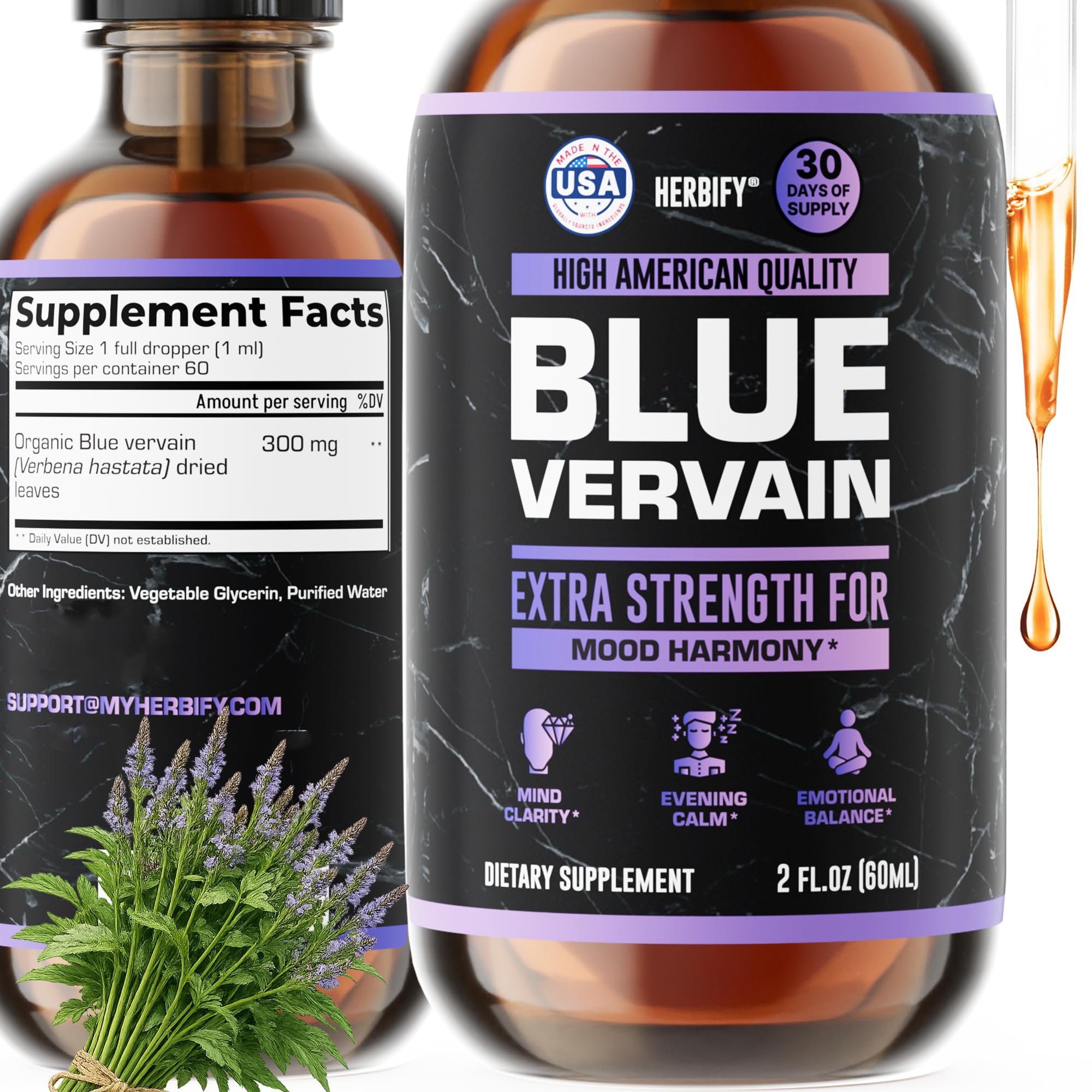 HERBIFY Blue Vervain Drops – Verbena Tincture – Vervain Supplement for Mood & Balance – Vervain Liquid Extract – Verbena Hastata (30 Days Supply) 2 Fl Oz Made in USA