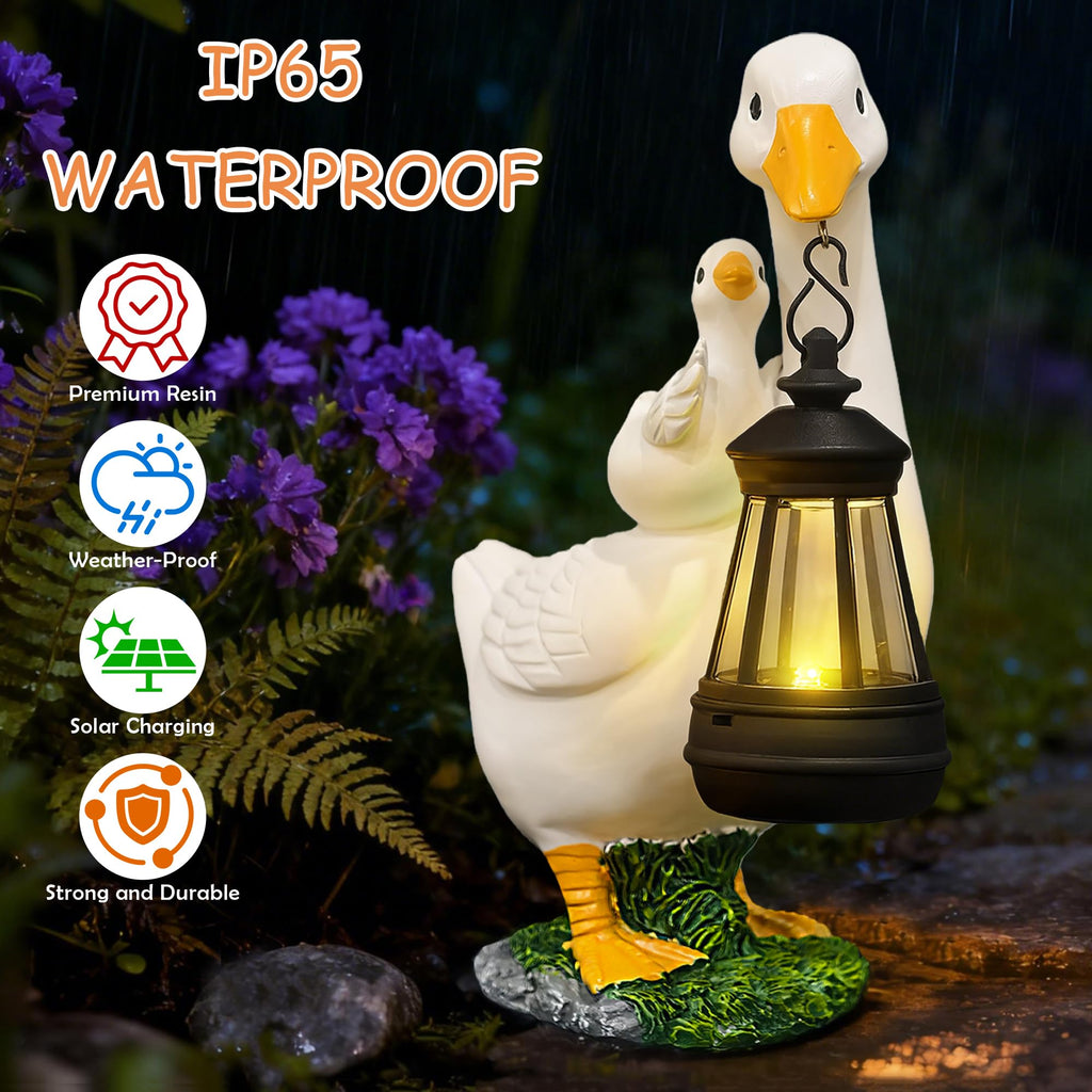 Solar Goose Statue with Lantern, 7.48" Resin Garden Decor Outdoor Ornament