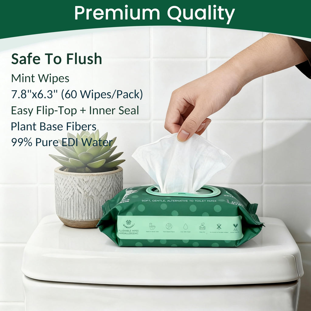 WONDERFUL Flushable Wipes, Mint 100% Plant-Based Wet Butt Wipe for Adults & Kids, Sewer Septic Safe, Gentle for Sensitive Skin, Wipes Flushable Pack for Bathroom & Travel, 6-Pack (360 Counts)