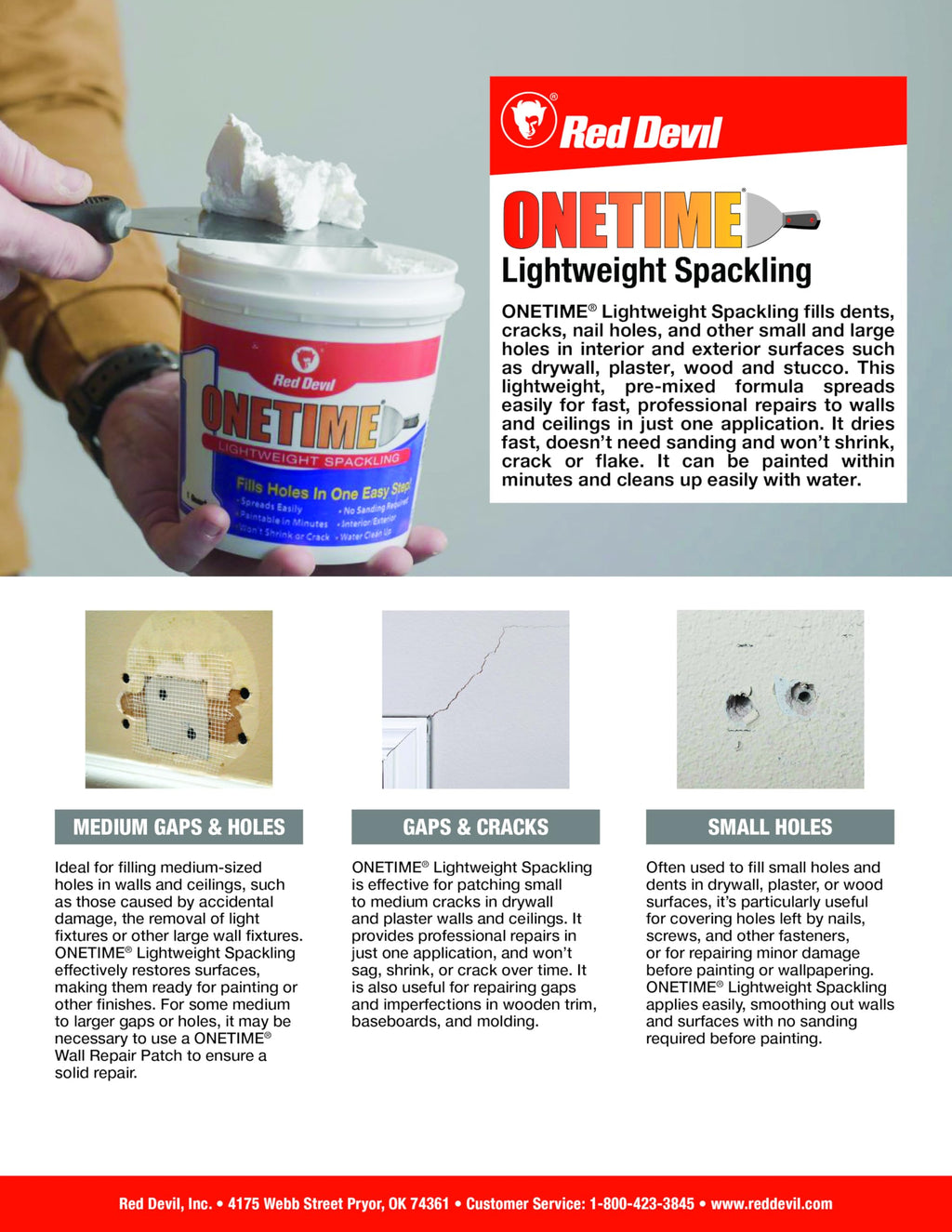 Red Devil 0549 ONETIME Lightweight Spackling Patch-A-Wall Kit, 1/2 Pint, Made in USA
