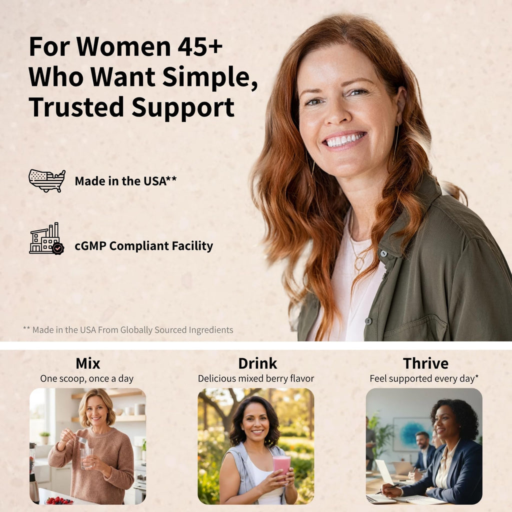 Pureffi Women's 45+ All-in-One Multivitamin Powder, 33 Ingredients, Menopausal Well-Being Support, Probiotics for Digestive Support, Mixed Berry, 30 Servings