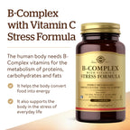 Solgar B-Complex with Vitamin C Stress Formula, 250 Tablets - Energy Metabolism, Nervous System & Immune Support - Non-GMO, Vegan, Gluten Free, Dairy Free, Kosher - 125 Servings