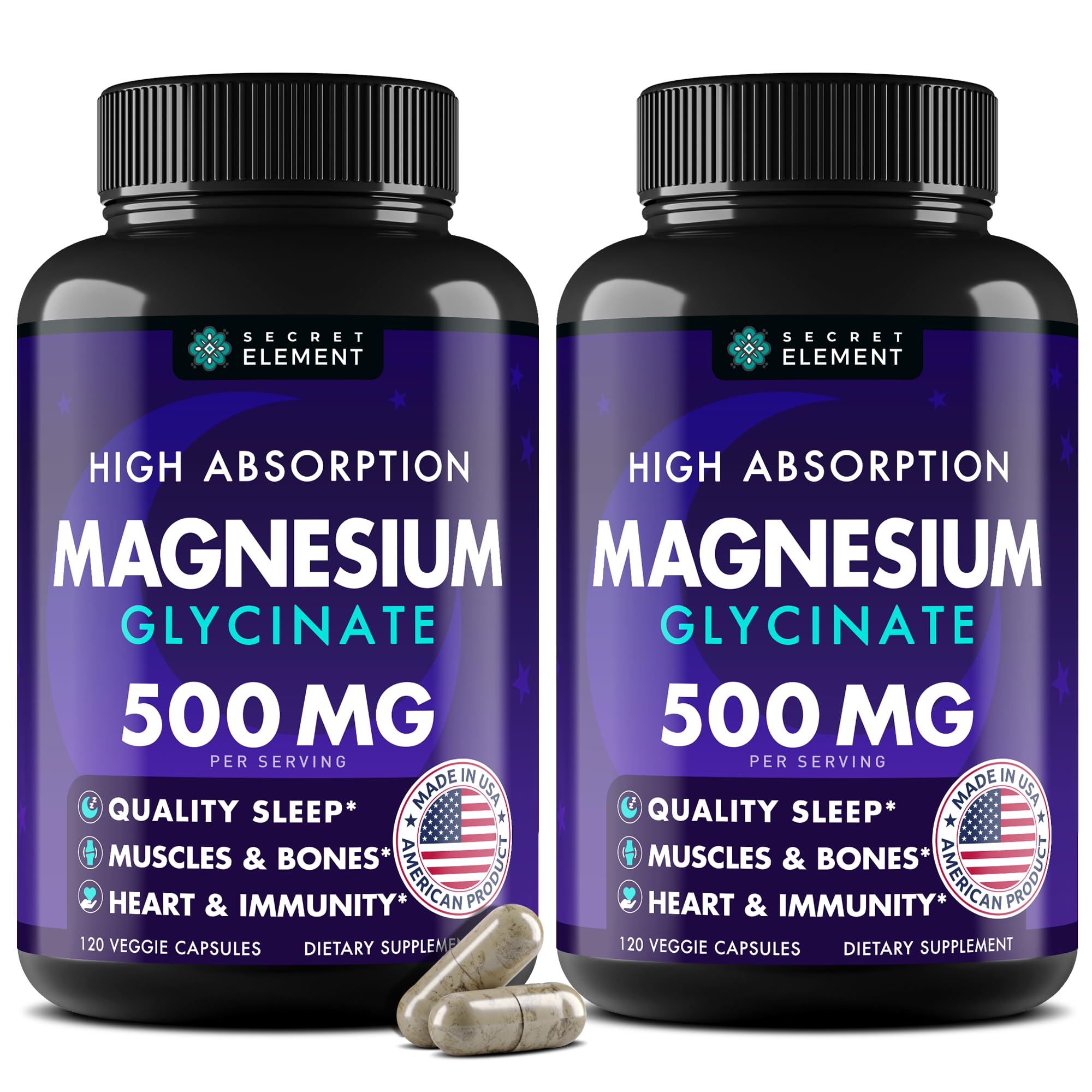Magnesium Glycinate 500MG Capsules, Magnesium Supplement for Adults & Kids with Kava Kava, High Absorption, Vegan & Non-GMO, 120 Capsules, Pack of 2