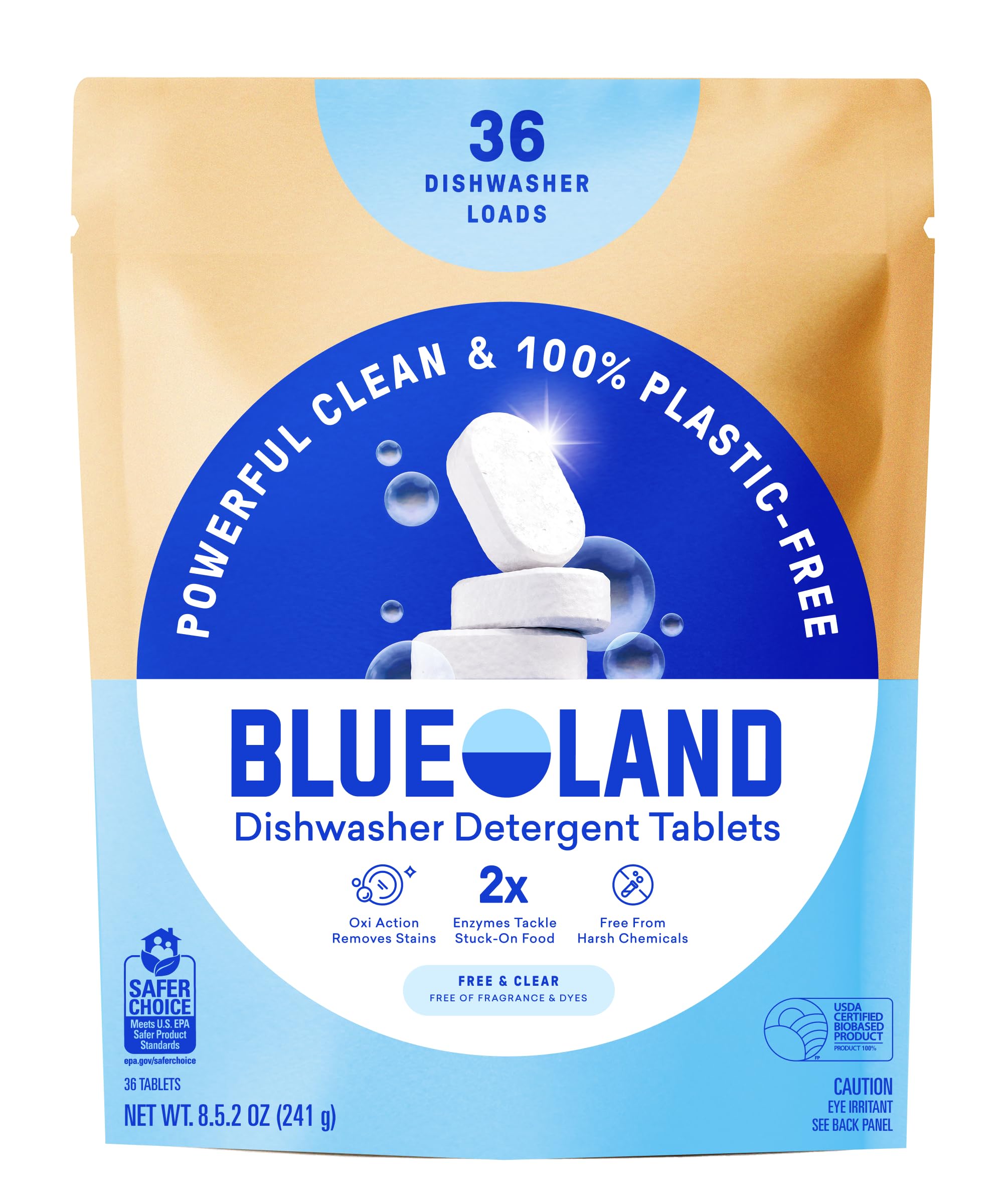 BLUELAND 100% Plastic-Free Dishwasher Detergent Tablets, 36 Count, Free & Clear, Eco-Friendly Dishwashing Pods, Natural, USDA Certified biobased