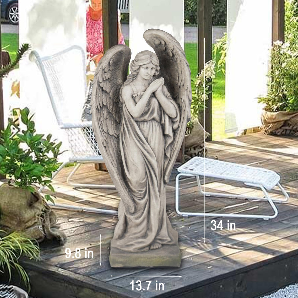 Outdoor Statues Angel Décor Garden Statue - 34 inch Large Garden Angels Outdoor Religious Statues Catholic Resin Concrete Finish Yard Patio Deck Home Entryway Hallway Sculpture 13.7*9.8*34 Inch