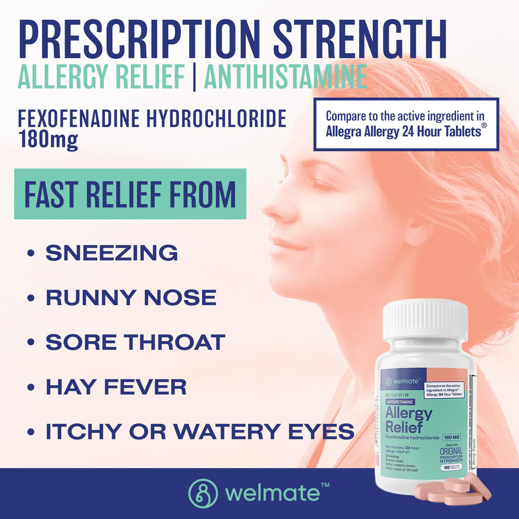 WELMATE Non-Drowsy Allergy Medicine, Fexofenadine HCl 180mg, 100 Count - 24 Hour Antihistamine for Hay Fever, Pollen, Sneezing, Itchy Eyes, Runny Nose - Allergy Relief Pills for Adults