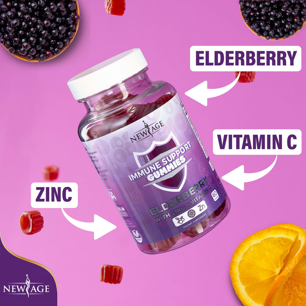NEW AGE Immune System Support Gummies - Sambucus Black Elderberry Gummies with Vitamin C and Zinc (120 Count (Pack of 2))