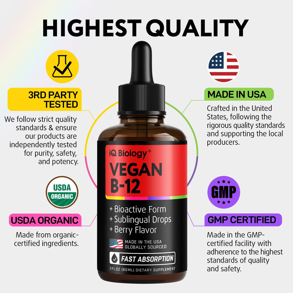Organic Vitamin B12 Liquid Drops - Sublingual Methylcobalamin 5000 mcg - Methylated B-12 Active Coenzyme Form - Energy & Nerve System Support - Vegan Vit B 12 - USA Made - Berry Flavor - 60 servings