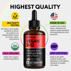Organic Vitamin B12 Liquid Drops - Sublingual Methylcobalamin 5000 mcg - Methylated B-12 Active Coenzyme Form - Energy & Nerve System Support - Vegan Vit B 12 - USA Made - Berry Flavor - 60 servings