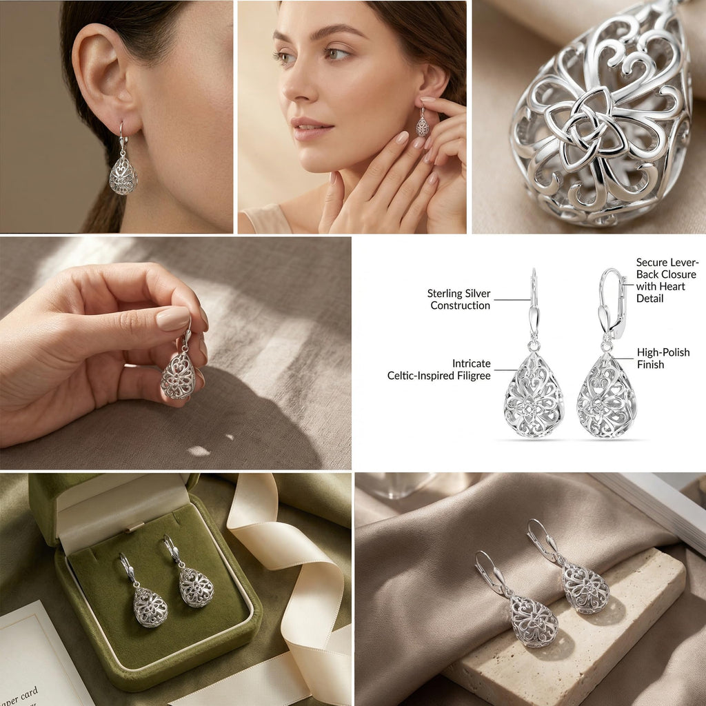 LeCalla 925 Sterling Silver Filigree Infinity Celtic Knot Leverback Earrings for Women | Tear Drop Dangler Silver Earrings | Women's Drop & Dangle Earrings 33mm