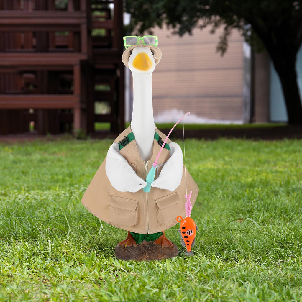 VioraWhite Fishing Goose Outfit Set Cute Lawn Porch Goose Costume Clothes for 23'' Cement Duck Outdoor Garden Yard Patio Camping Fishing Party Decoration